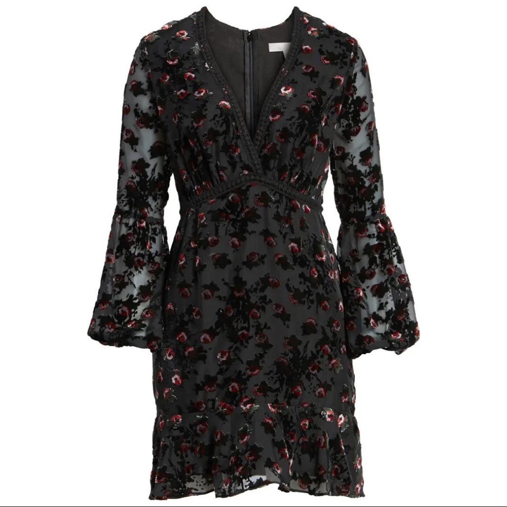 WAYF Brayden Long Sleeve Black with Red Roses Embroidered Velvet Dress Medium